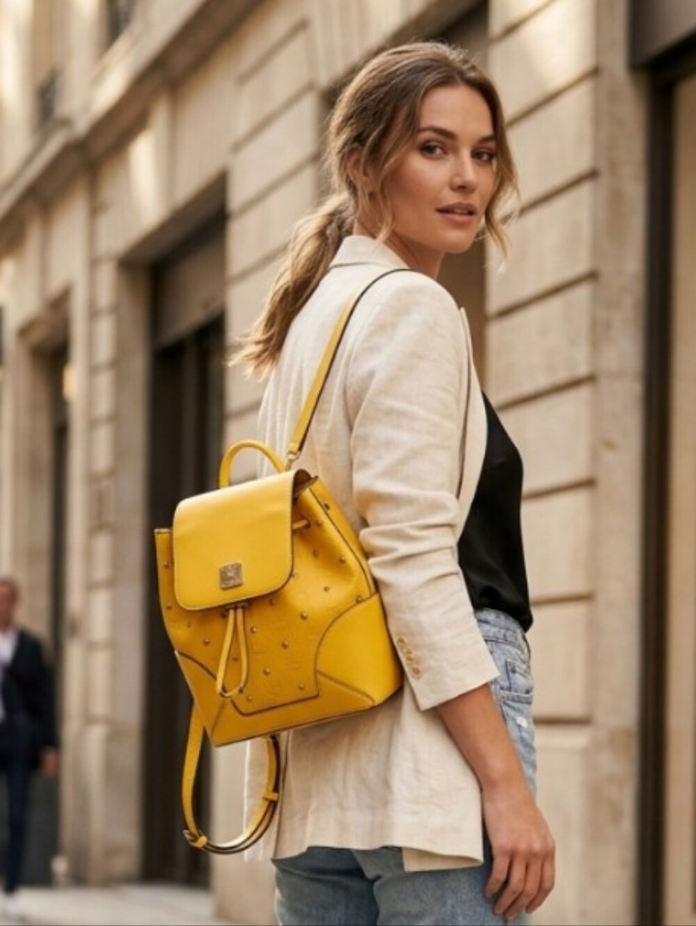 MCM Claudia Yellow Monogram Studded Backpack